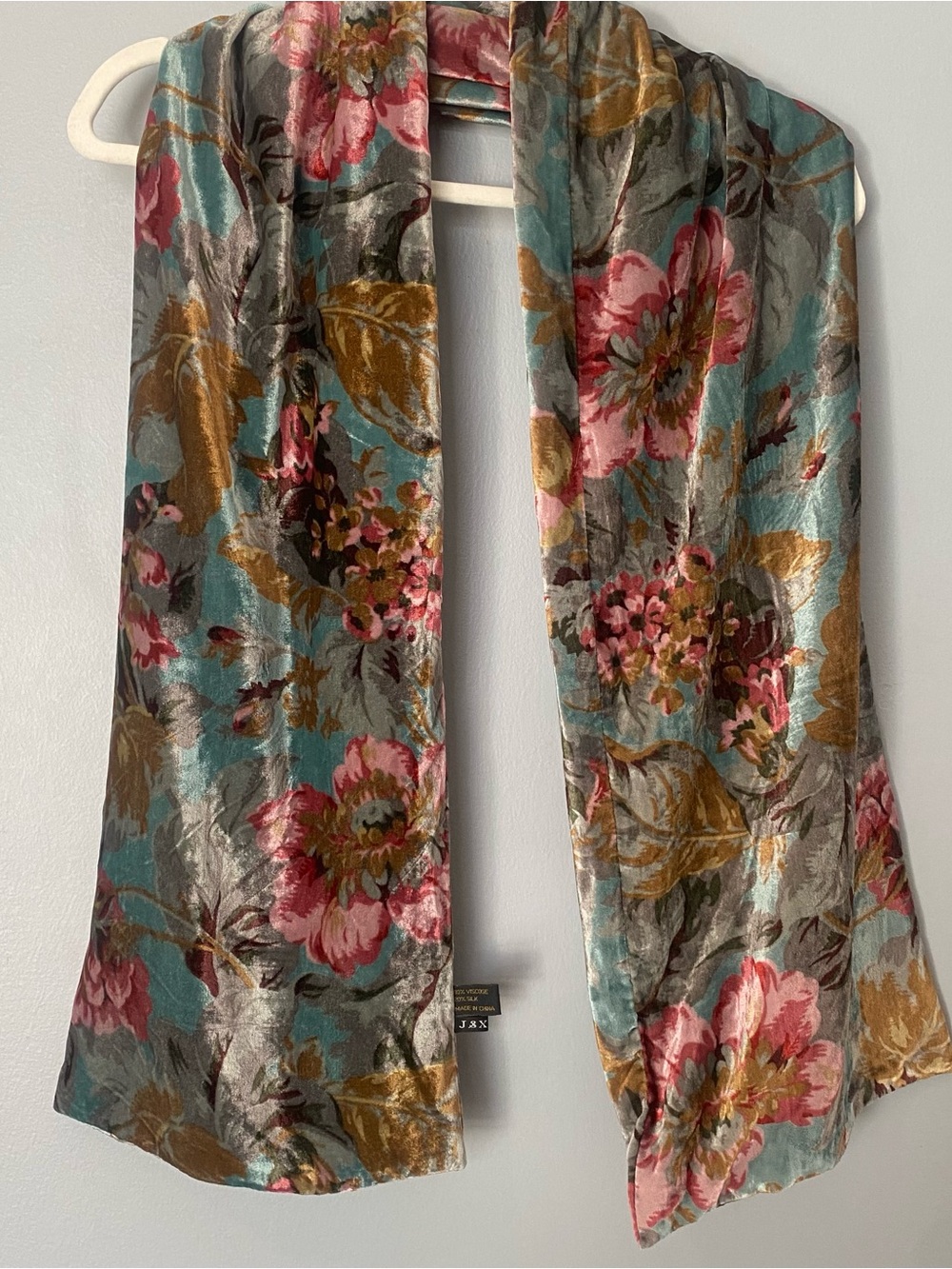 Floral Velvet Wrap Scarf - Pink, Teal & Gold Silk&Viscose